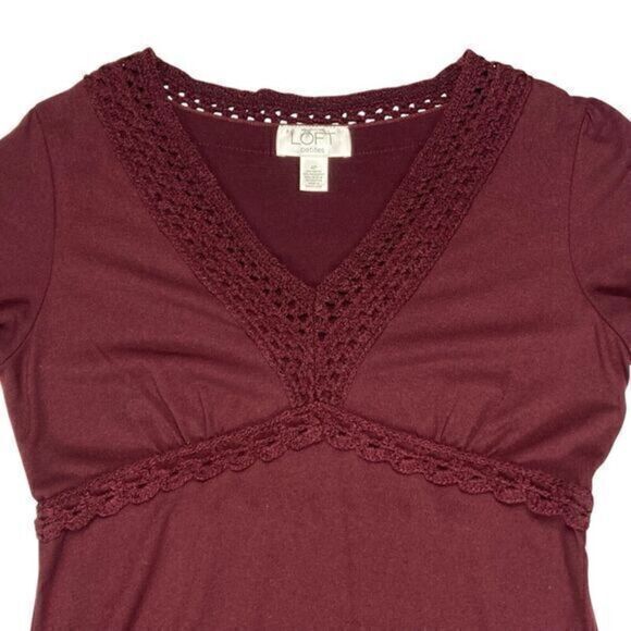 Loft Dress Womens Size 4 Burgundy Lace Trim Babydoll Elastic Empire Waist Midi - Picture 4 of 13